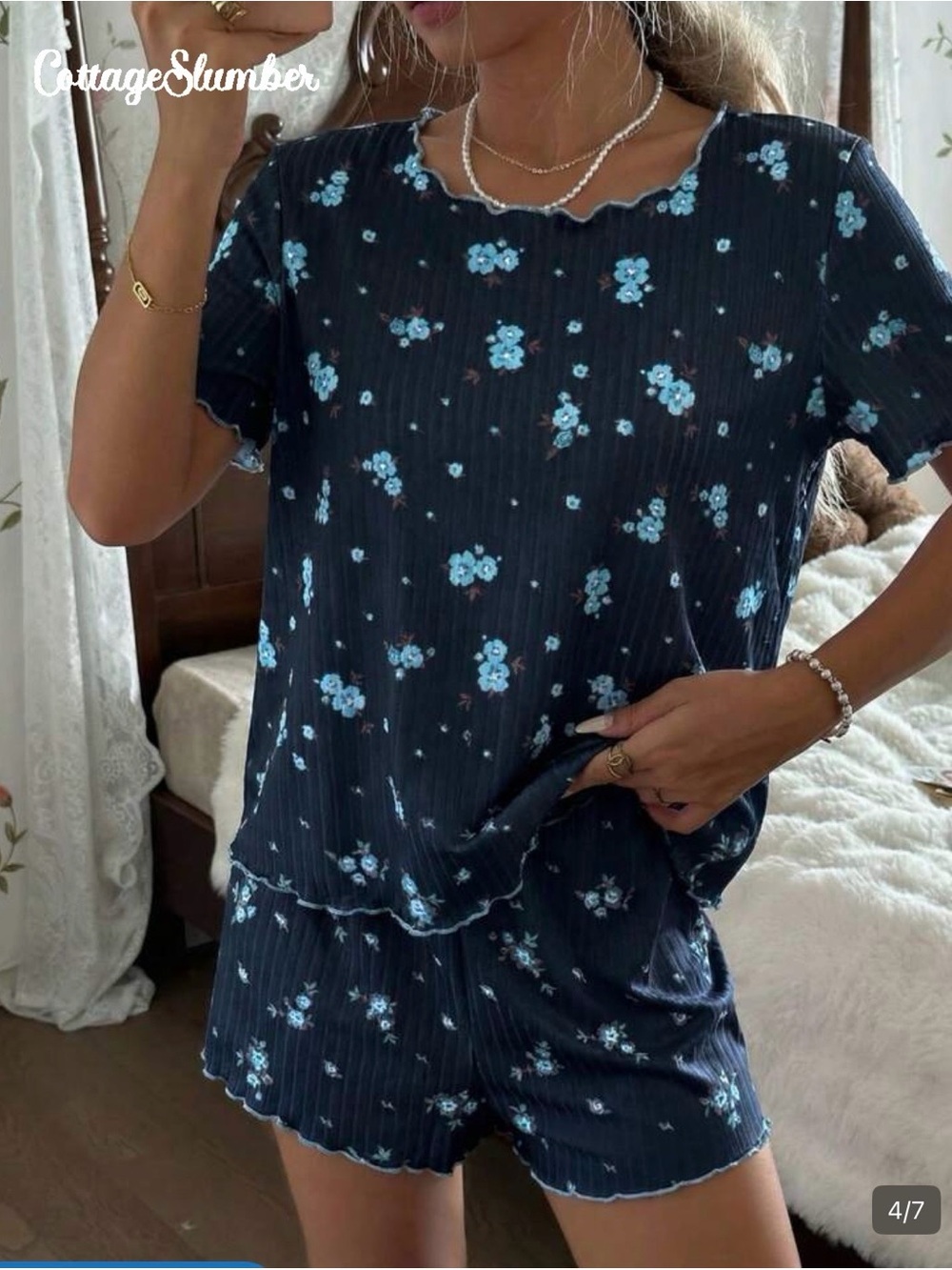 Women's Navy Floral Short Pajama Set with Scalloped Trim